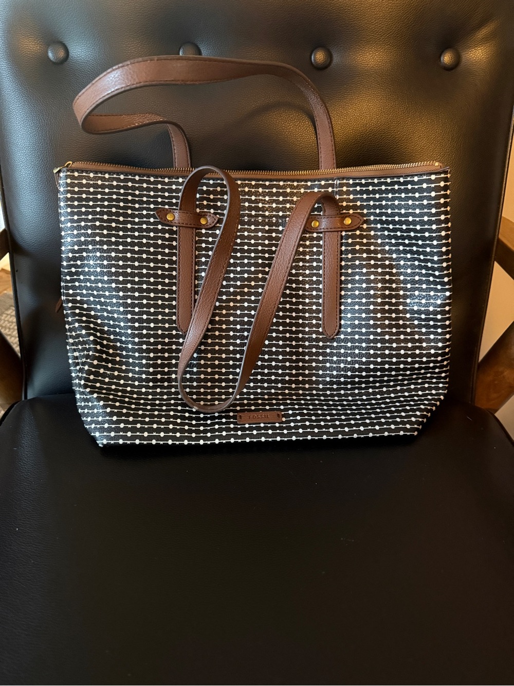 Fossil Black & White Beaded-Pattern Tote with Brown Trim